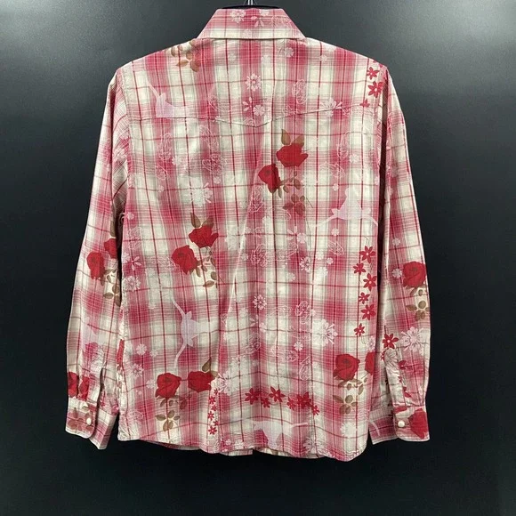 Walls Ranch Wear Western Shirt Womens Sz Medium Long Sleeve Red Roses Pearl Snap - Picture 2 of 7